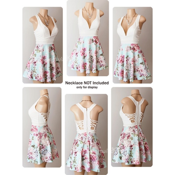 Last☝️ Ivory Blue Floral Plunge Lace Up CUTE Dress - Picture 4 of 8